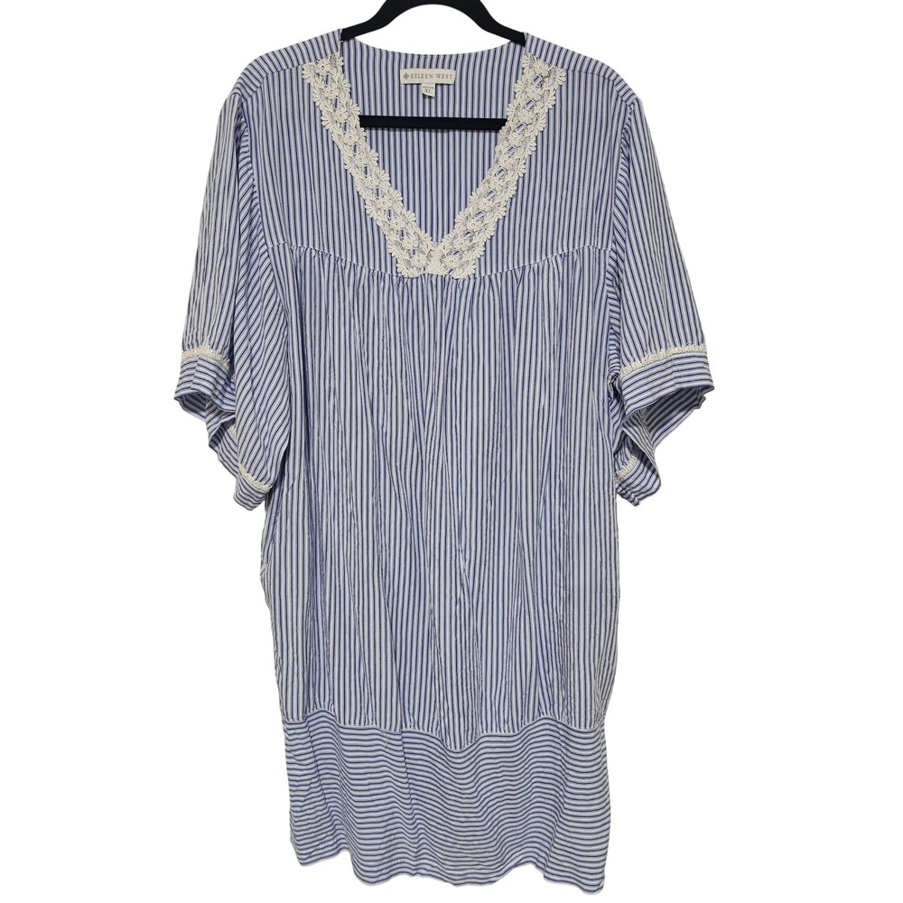 Eileen West XL Blue‎ White Striped Lace Trim V-Neck Caftan Nightgown Sleepwear